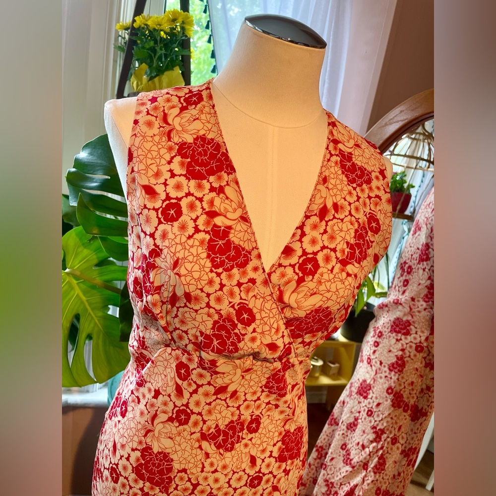 Vintage 90s Red & White Floral Print Maxi Sleeveless V-Neck Slip Dress Sz Small - Picture 4 of 12